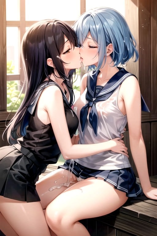 Cabelo Azul, Meninas Se Beijando, Uniforme De Marinheiro Hentai IA pornografia