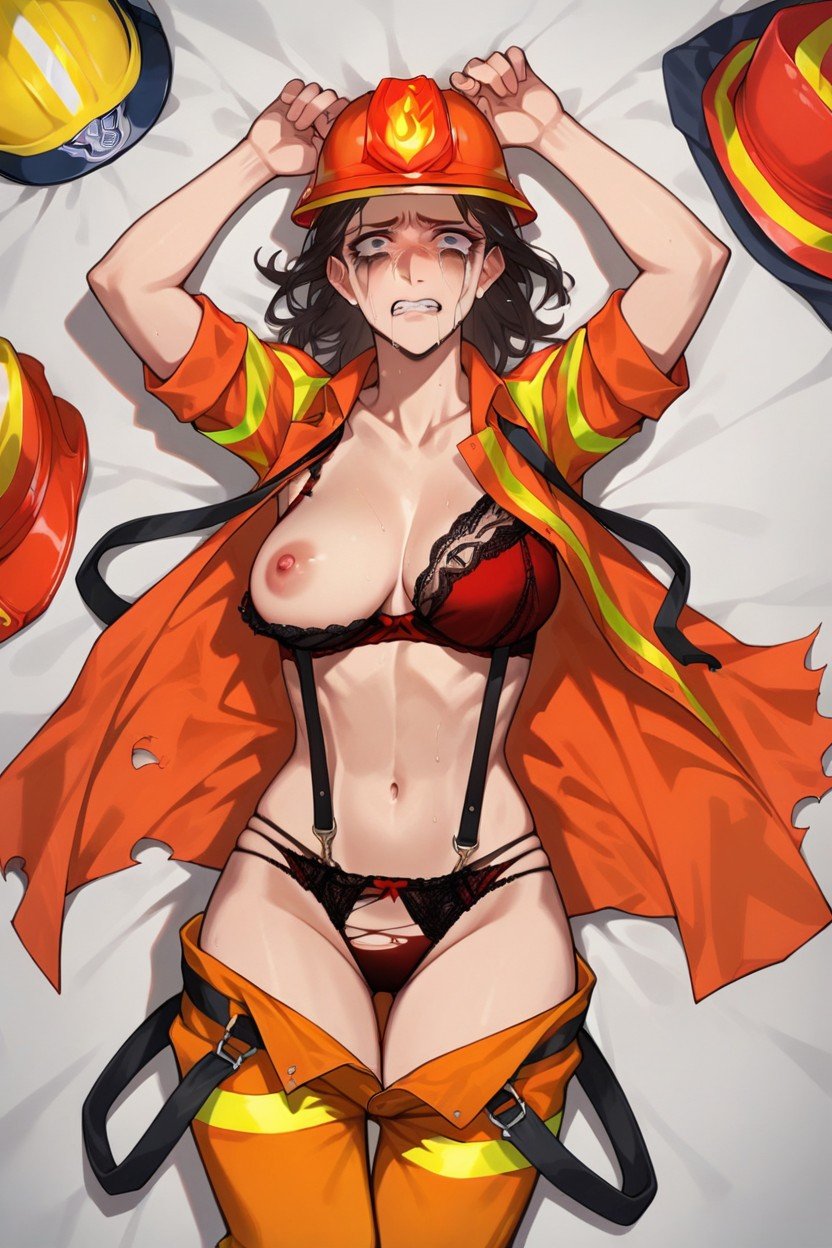 Peito Pequeno, Bombeiro, Firefighter Helmet Hentai IA pornografia