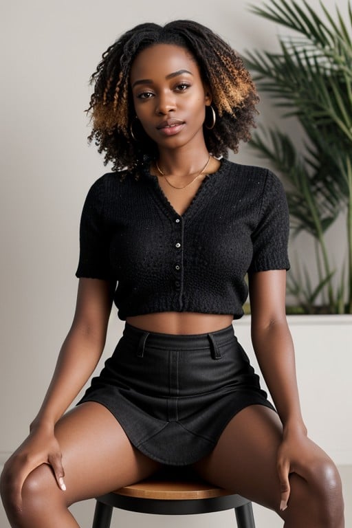 Mini Falda, Sentada Con Las Piernas Abiertas, AfricanaPorno AI