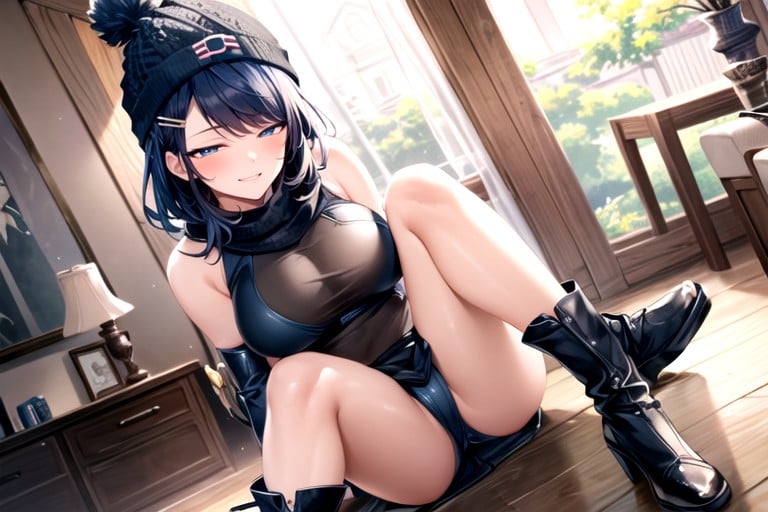 K Quality High Resolution A Young Woman Shiny Clothing Shiny Skin Elbow Length Gloves Body Facing Forward Face Facing Forward Crouching Legs Apart, Full Body, Horny AI Porn