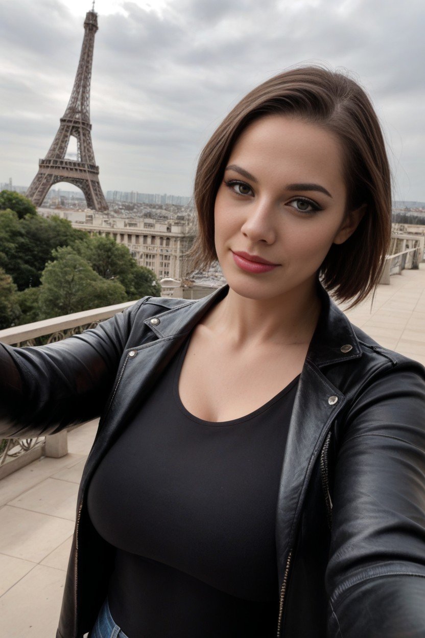 Short Length, Black Leather Jacket, Outside AI Porn