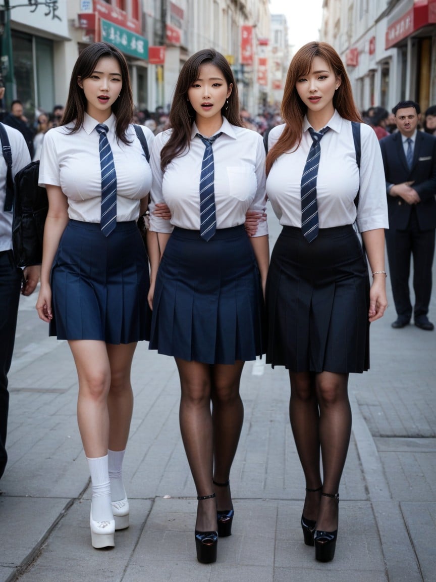 Gorgeous And Pretty Facial Of Korean Three Girls, 한국인, Wearing A Body Fitted School Uniform BlouseAI 포르노