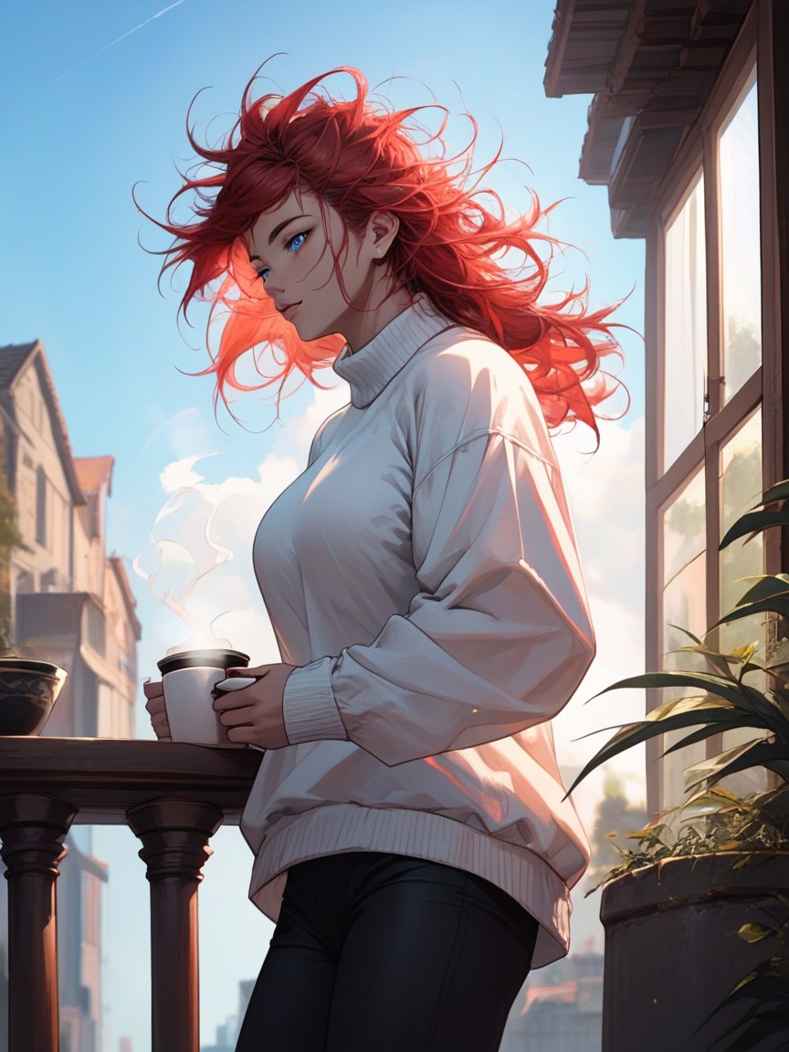 Oversized White Wool Sweater Drinking Hot Coffee, Detailed Black Leggings, Red HairAI黄片