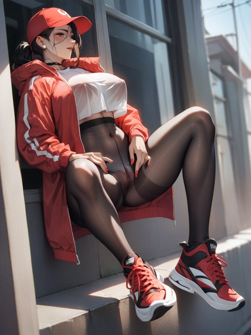 Black Seamless Nylon Tights Red Hat, Sneakers, See Pussy Through ClothesPorno AI