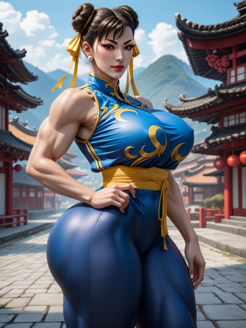 Chun Li From Street Fighter, Cuisses Exposées, Yeux MarronsPorno IA