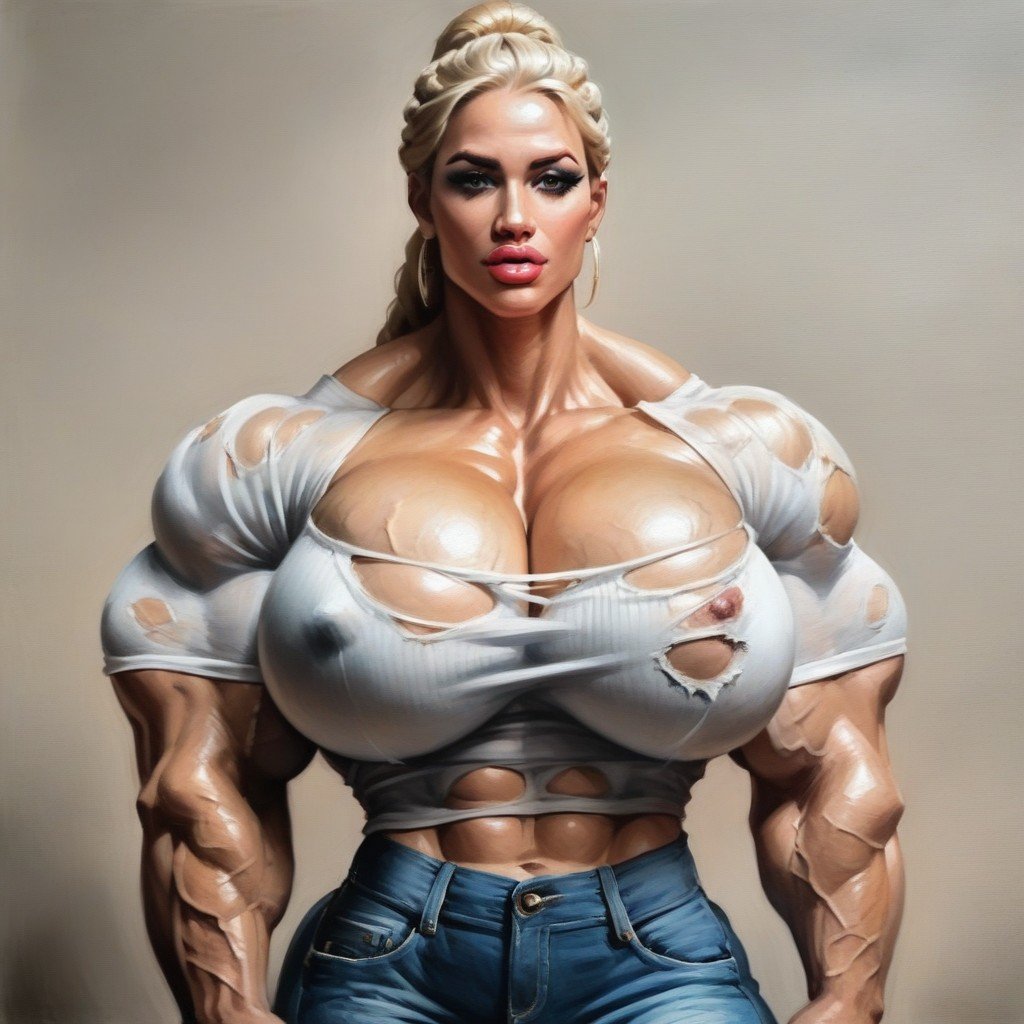 Pelo Rubio, Cola De Caballo, Her Body Is But Her Arms Are Big Massive Veiny And Hyper Extremely OversizedPorno AI