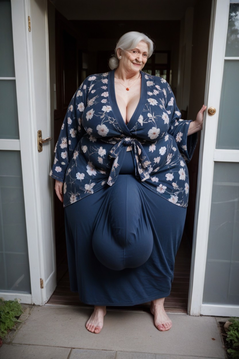 Huge Bulge Under Clothing, Bathrobe, White Hair Shemale AI Porn