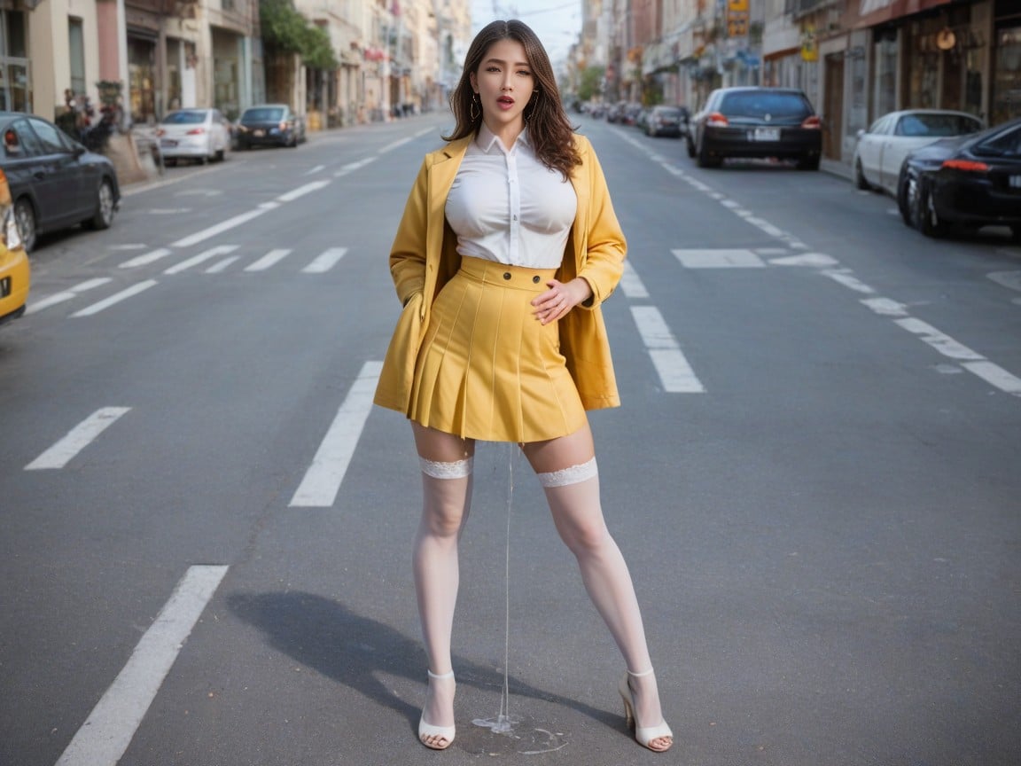 Feel Orgasm On Street, In Light Beige Nylon Stockings, 전신AI 포르노