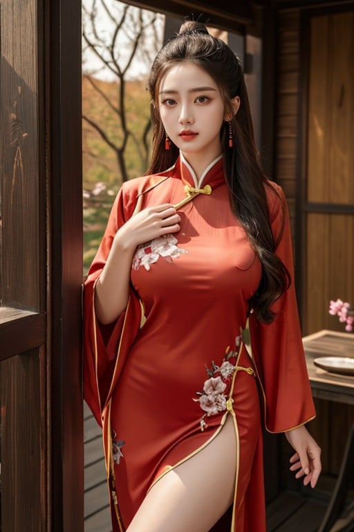 Detailed Red Outfit, Hanfu Chinês, Exposed Thighs Pornografia de IA