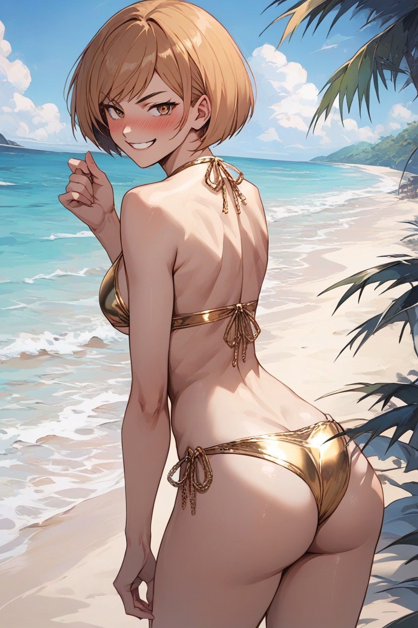 Chie Satonaka, Rear View, Gold Bikini Pornografia de IA