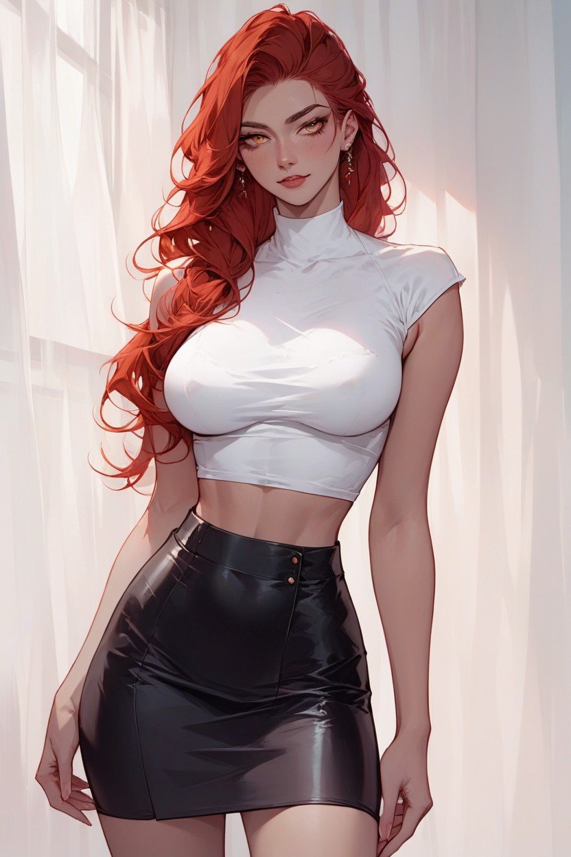 A Perfect Hourglass Body, She Was Simply Gorgeous A Tall Redhead, And Tits To Die For Her Skin Was Flawless And Her Face Was Stunningly Beautiful With Eyes That Could Pierce Your Soul Dressed In A Tight White Top And Black Skirt Pornografia de IA