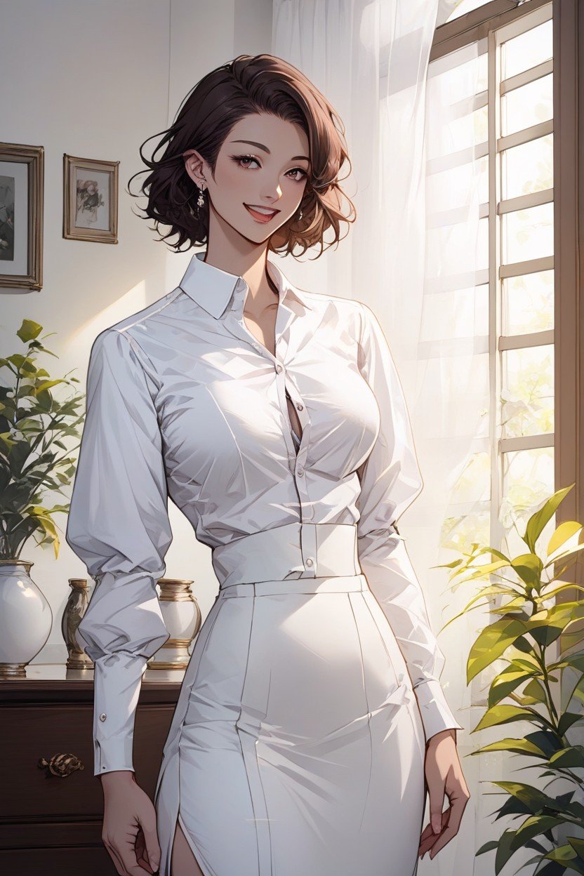 Petite Poitrine, Courte Longueur, White Button Up Silk Shirt BlousePorno IA