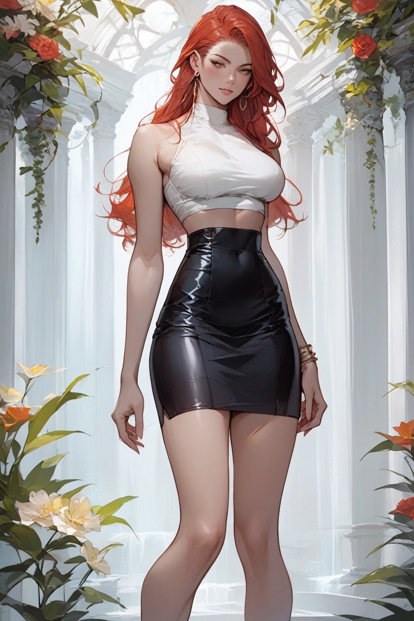 Perfect Hourglass Body, Tits To Die For Her Skin Was Flawless And Her Face Was Stunningly Beautiful Dressed In A Tight White Top And Black Skirt, Gorgeous Tall RedheadAIポルノ