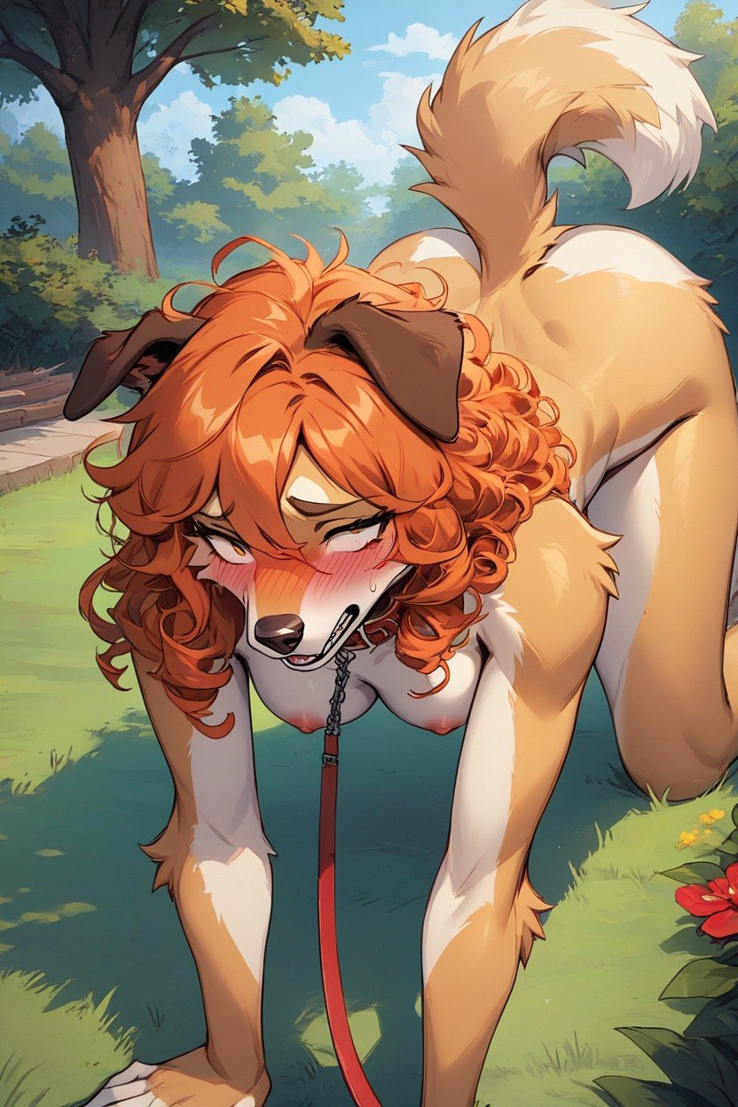 Curly, Dog, Naked Furry Anthro Female Dog On A Leash All Fours With Her Master At The Park Naked Furry AI Porn