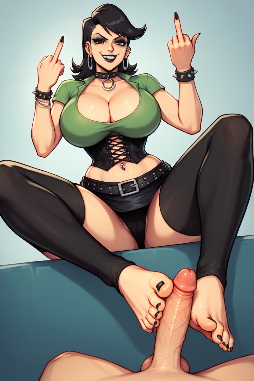 Raising Middle Finger, Green Crop Top T Shirt, Massive Breast Hentai AI Porn