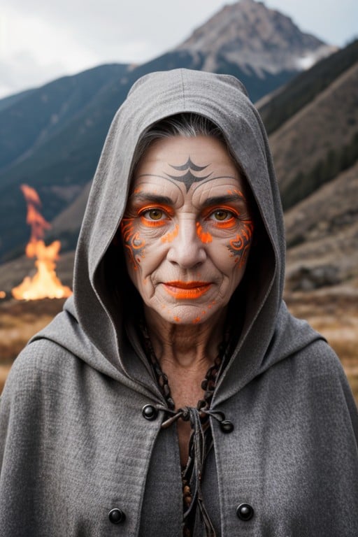 Extremely Gaunt Grey Hag, Holding Fire, Medieval Pornografia de IA