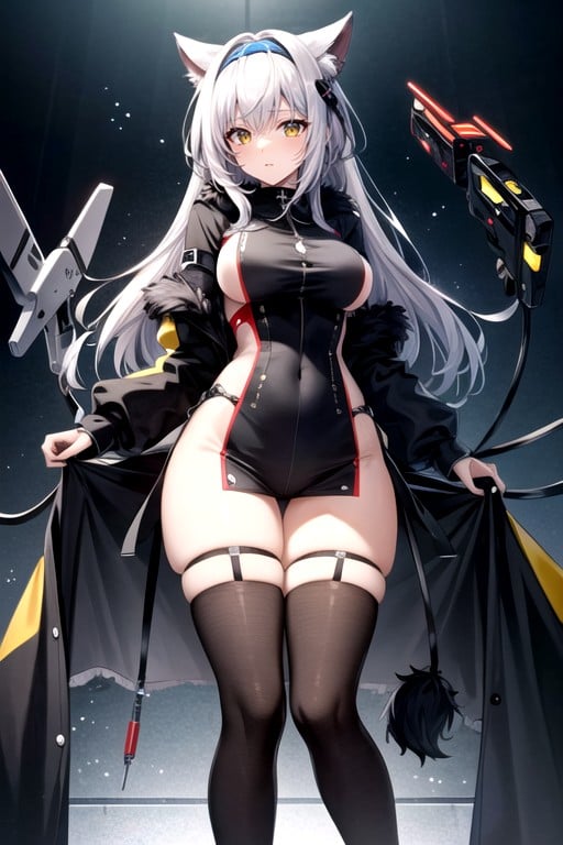 Sleeved Crop Coat With A Fur Collar And Cuffs Her Legs Are Painted Black Up To Her Thighs, She Has A Black Headband With Five Sections Of Eyes And A Long Black Tail Ending In A Large Syringe Containing Nanite Acid She Wears A Black Gray, Resembling Thigh High Socks Hentai IA pornografia