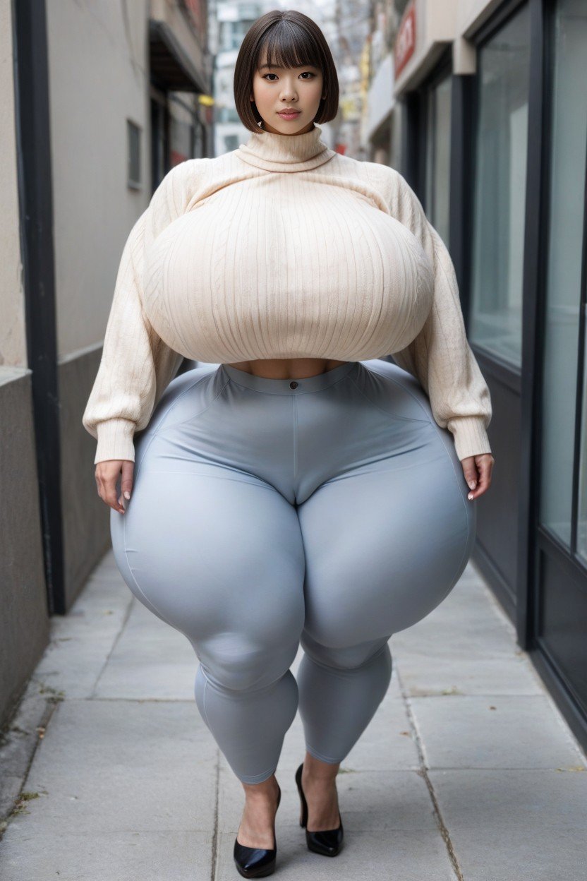 Hyper Tall, Disproportionately Large Breasts Reaches Thighs, Beige Knit DressAI黃片