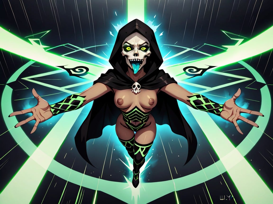 Dimly Lit, Glowing Neon Green Energy, Slender Breast Width AI Porn