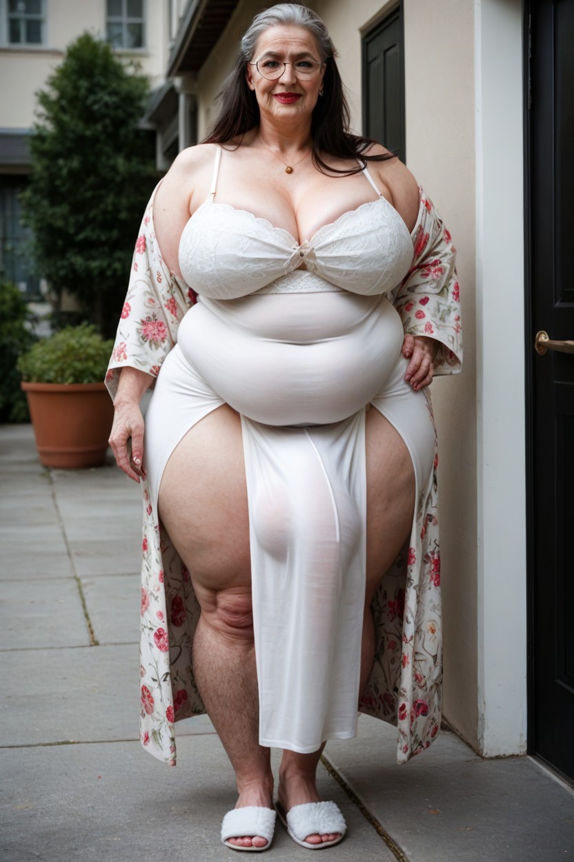 Big Belly, Wearing Floral Robe, 60+ Shemale AI Porn