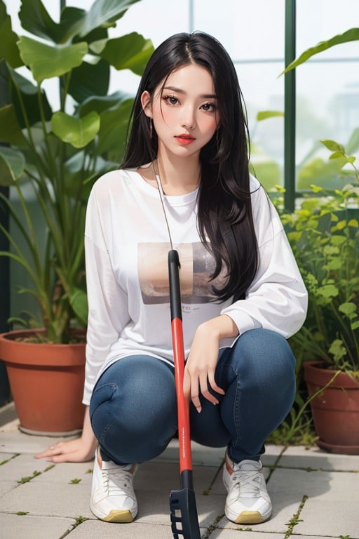 Oversized T-shirt, White Sneakers, Kneeling AI Porn