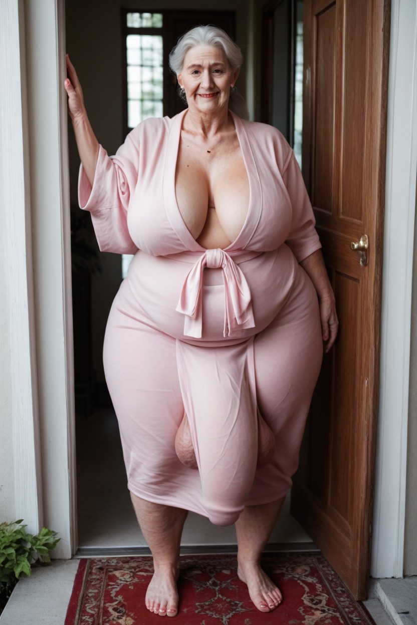 Bathrobe, Long Length, Grinning Shemale AI Porn