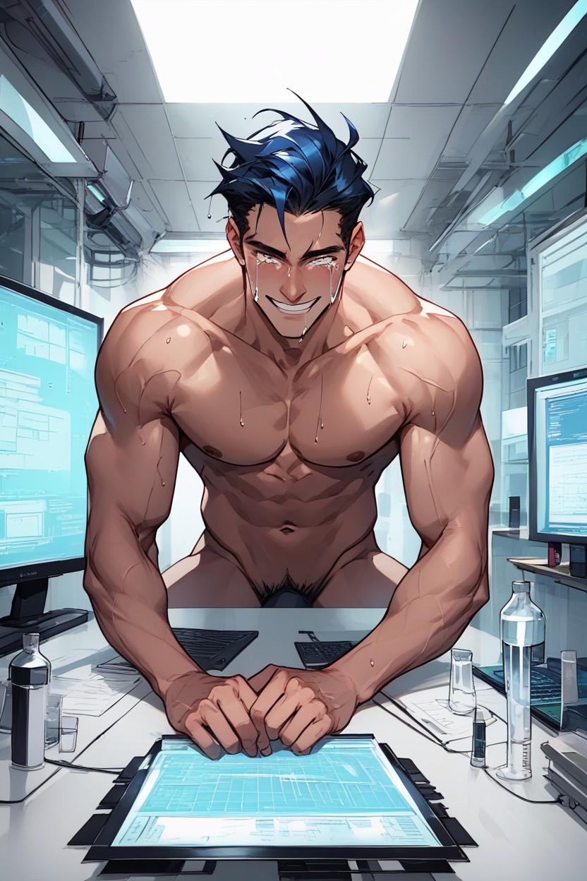 Naked Man Working Sitting At Computer Desk, Smooth, Happy Crying AI Gay Porn