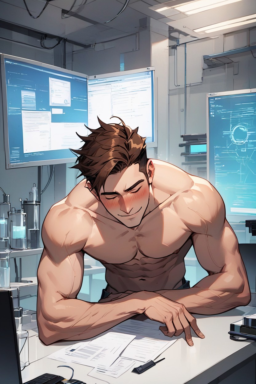 Lab, Naked Man Working Sitting At Computer Desk, Straight Asian AI Porn