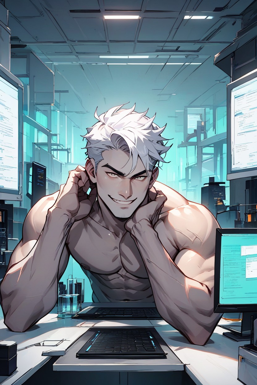 Naked Man Working Sitting At Computer Desk, Front View, Pale Skin AI Gay Porn