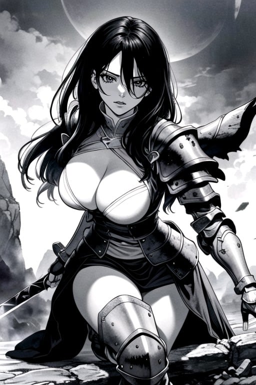 Black & White Manga, Caska From Berserk, A Gigantic Hand Reaches High Towards The Eclipse In The Background AI Porn