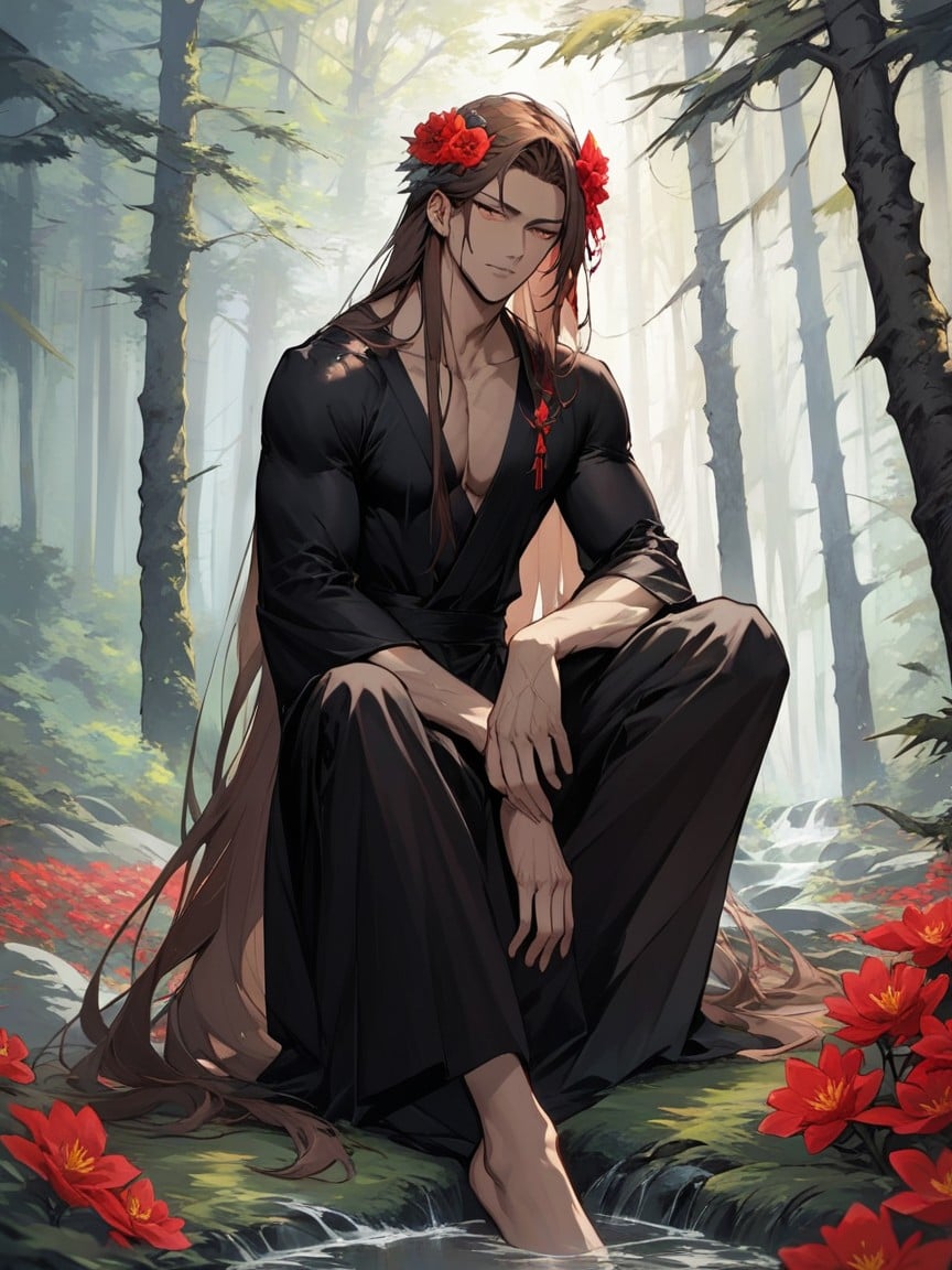 Red Flower Hair Ornament, Forest, MalePorno AI