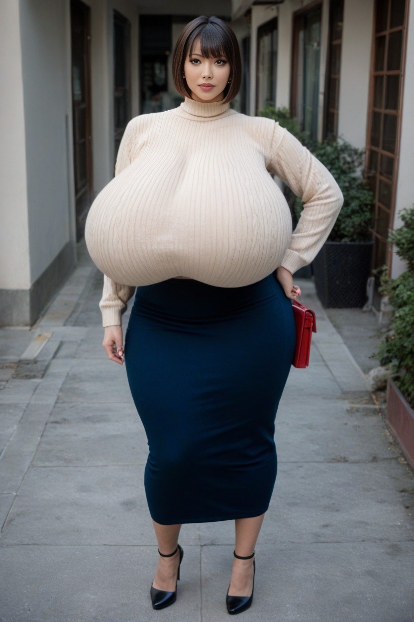 Gigantic Breasts, Beige Sweater, 마른 체형AI 포르노