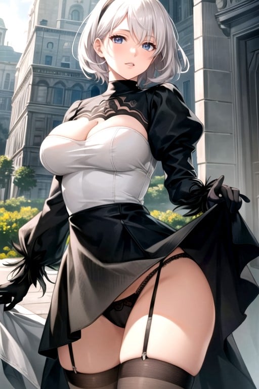 White Hair, See Throught Panties, Lifting Up Skirt AI Porn