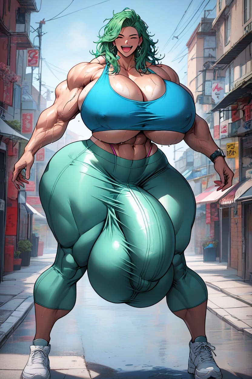 Underboobs, Long Messy Green Hair, Wet Clothes Shemale AI Porn