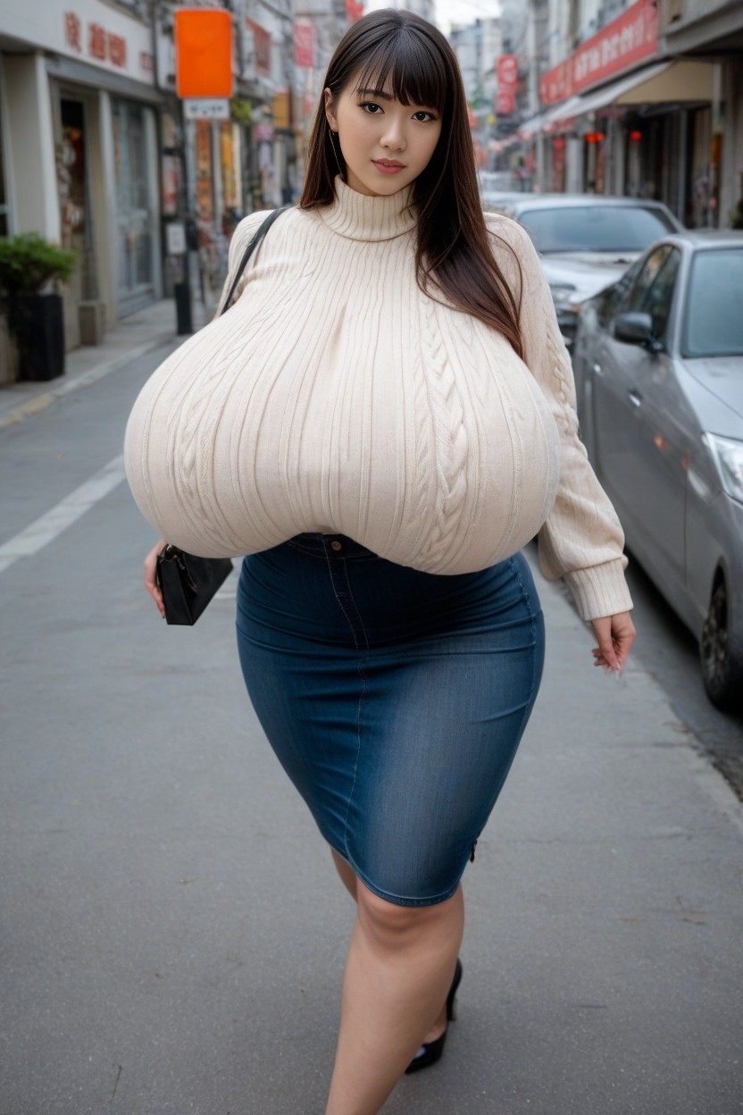 Extreme Hyper Breasts, Beige Sweater, Tight Skirt AI Porn