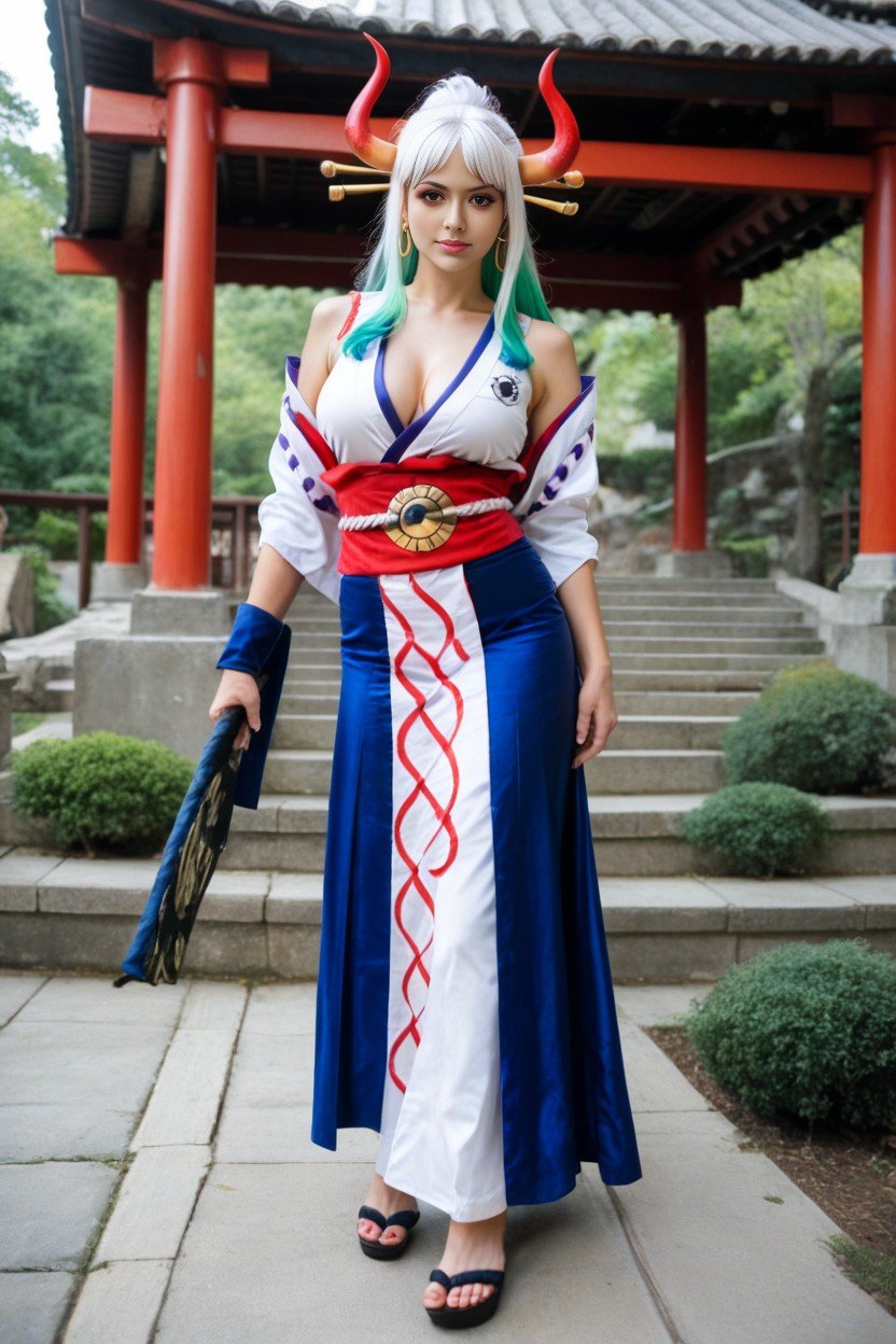 White Hair With Green Tips, 正面视图, Yamato From One PieceAI黄片