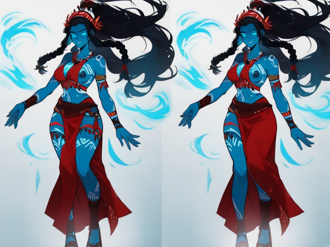 Raining, Neon Blue Energy Surge, Wearing Red Goddess Clothes AI Porn