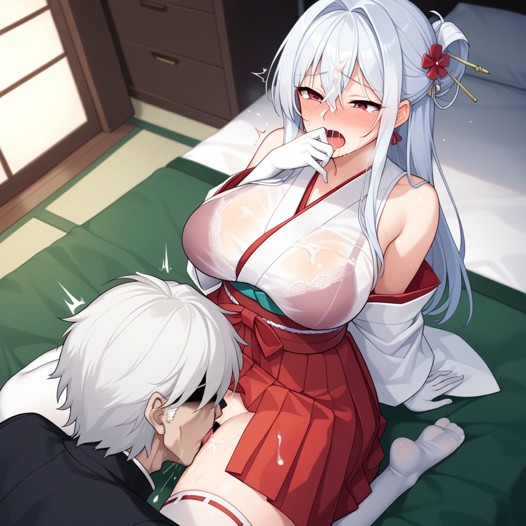 Saliva, Bedroom, White Hair Hentai AI Porn