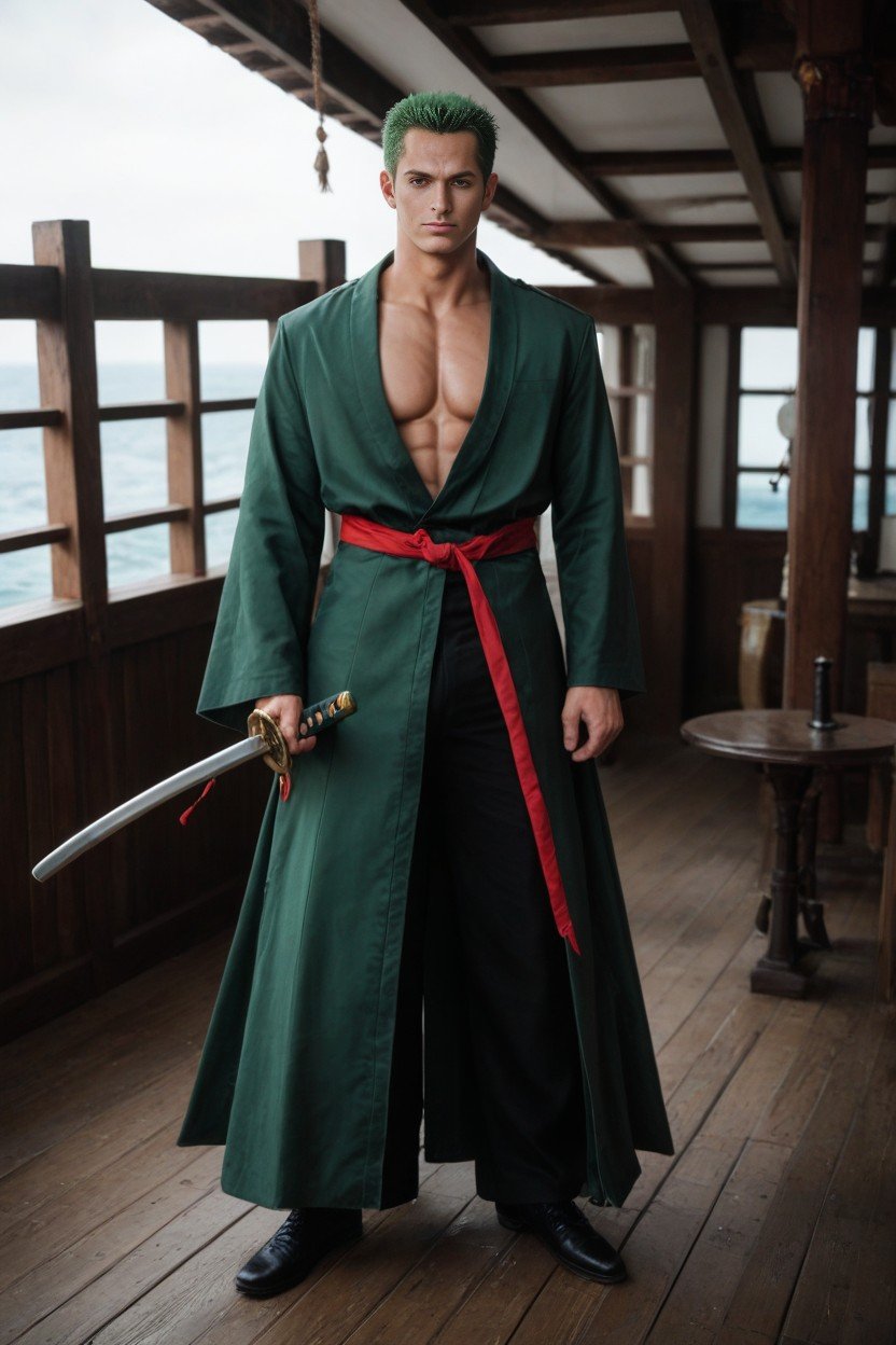 Holding Red Katana On Left Hand, Long Open Dark-green Coat Closed On His Waist That's Held By A Muted Red Sash, Ship AI Porn