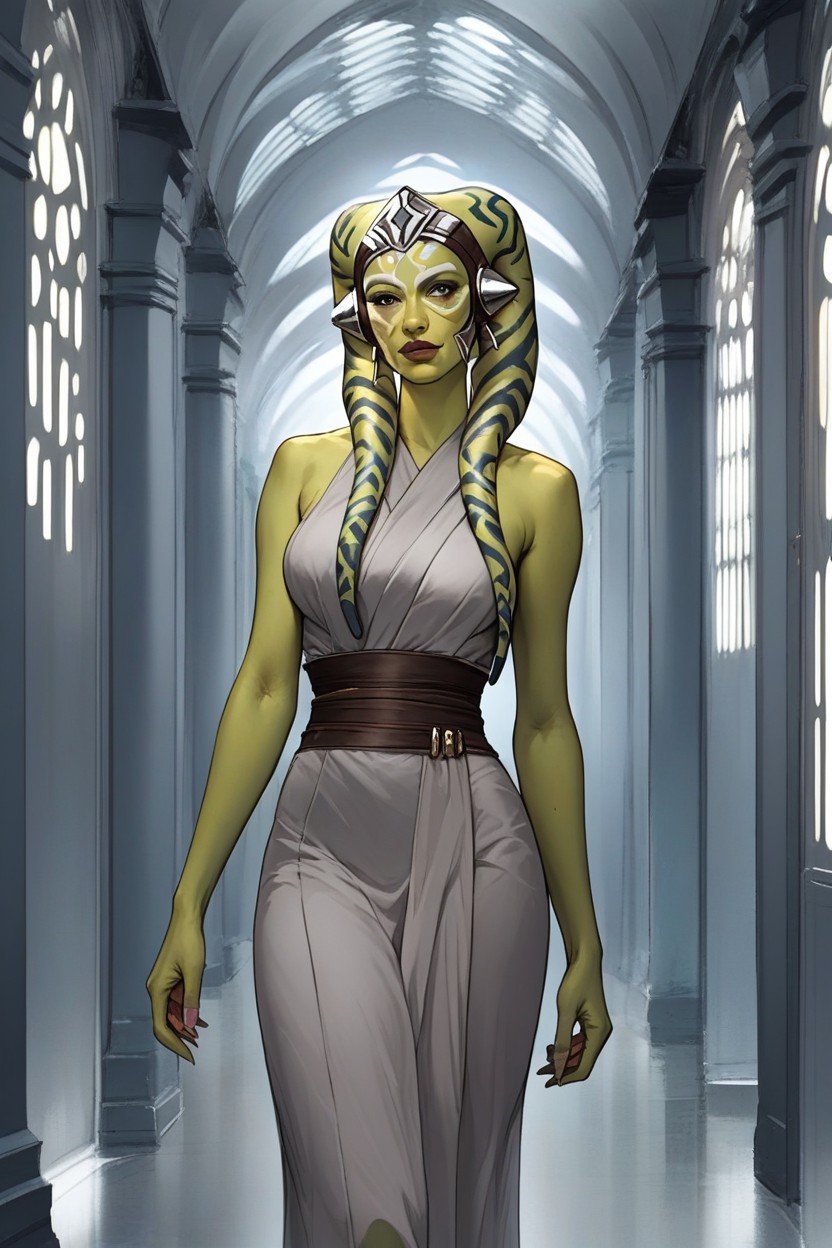 An Illustration In The Star Wars Style Of A Pretty Female Twi'lek Green Skin Ear Coverings Star Wars Hallway Grey Jedi RobesPorno IA