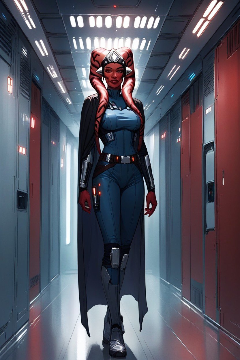 An Illustration In The Star Wars Style Of A Fit Female Twi'lek Red Skin Ear Coverings Star Wars Hallway Futuristic Bodysuit With A CapePorno IA