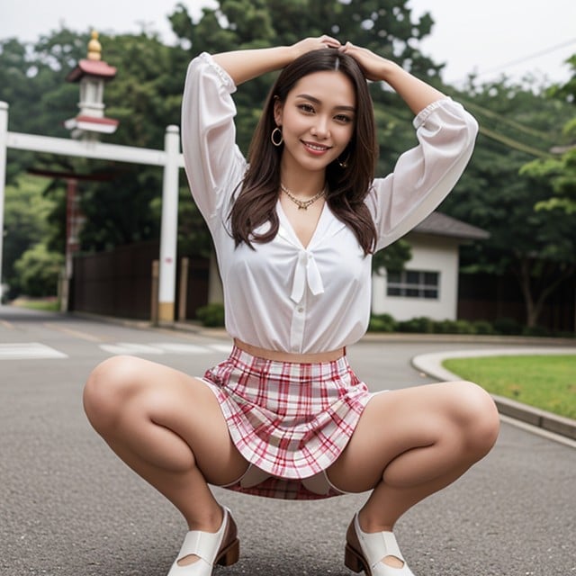 Taking A Picture Front Of School Gate, White Stockings With Garter Belt, Narrow Waist AI Porn