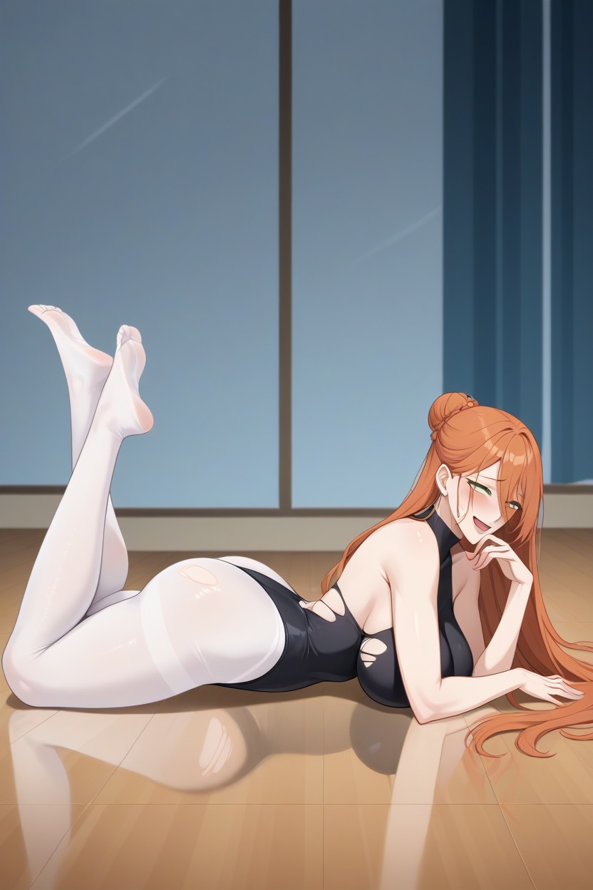 Kneeling, Hotel Room, Black Long Sleeve Black Leotard Hentai AI Porn