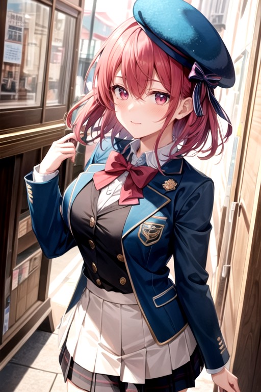 Young Woman Beret Blue Hat Blue Jacket Blush Bob Bow Bowtie Closed Mouth Hat Inverted Bob Jacket Looking At Viewer Medium Hair Pink Bow Pink Bowtie Red Eyes Red Hair School Uniform Shirt Hair Smile Solo White ShirtAI 포르노