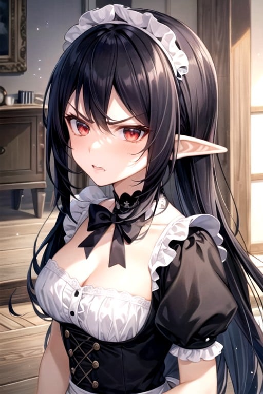 Elf Ears, Red Eyes, Bangs Hentai AI Porn