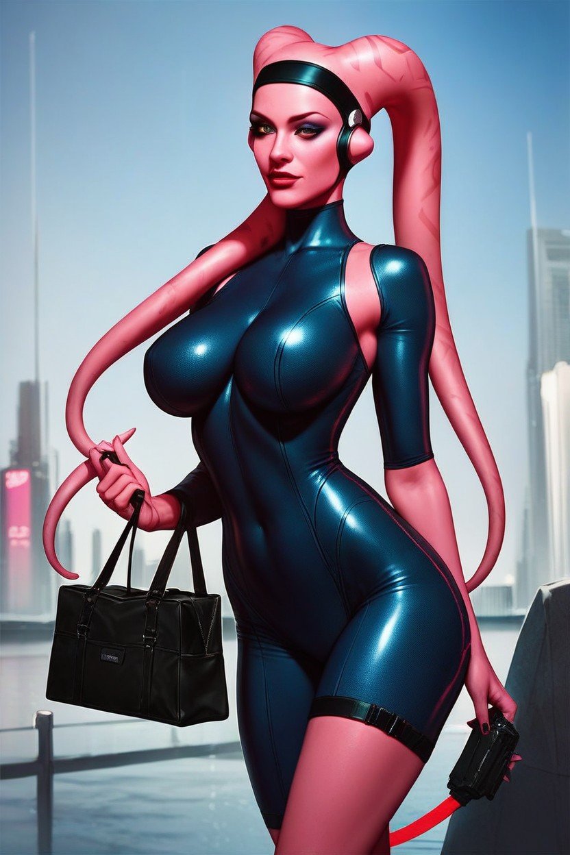 Twilek Woman Soft Pink Skin Tight Futuristic Bodysuit Carrying A Bag Of Tools Cleavage Close Up Futuristic Club Pornografia de IA