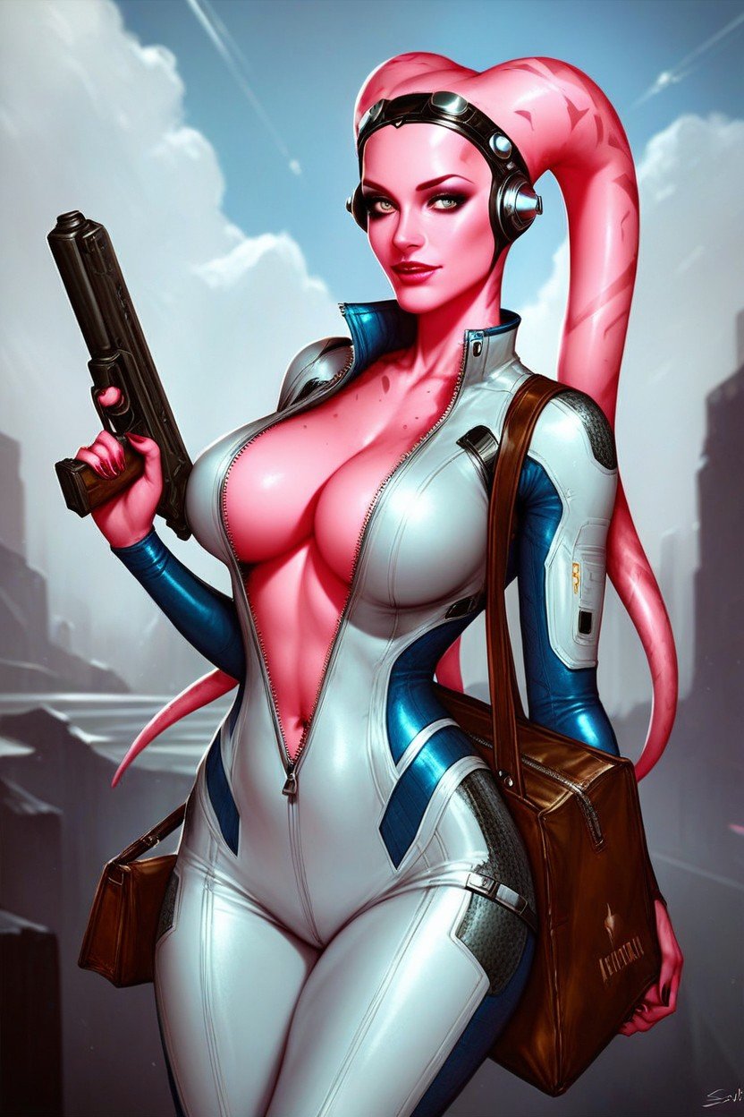 Twilek Woman Soft Pink Skin Tight Futuristic Work Suit Unzipped Carrying A Bag Of Tools Cleavage Close Up Futuristic Club AI Porn