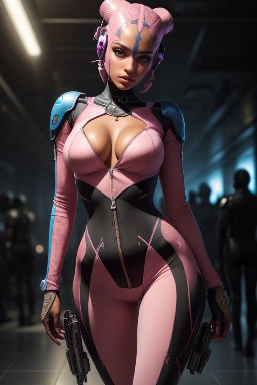 Twilek Woman Soft Pink Skin Tight Futuristic Work Suit Unzipped Carrying A Blaster Pistol Cleavage Close Up Futuristic ClubAI 포르노