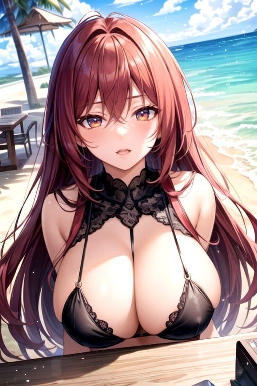 A Red Hair Anime Young Woman With Big Tits On The Beach Giving A BlowjobAI黃漫