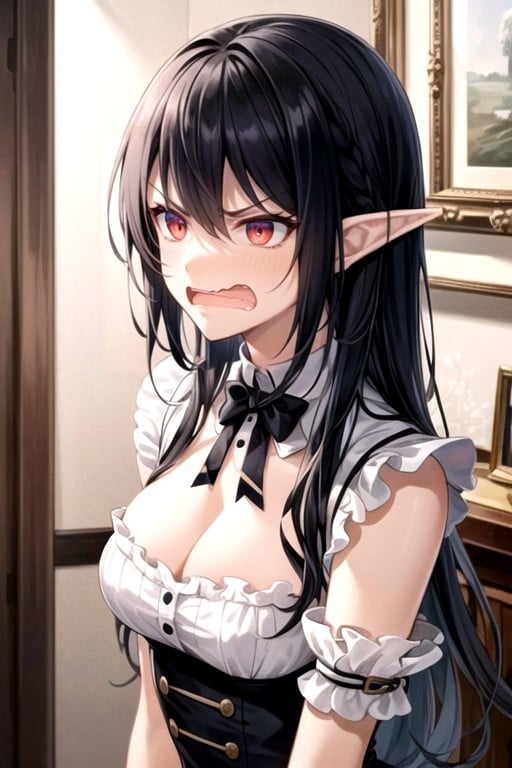 Oreilles D'elfe, Frange, Cheveux NoirsPorno IA Hentai